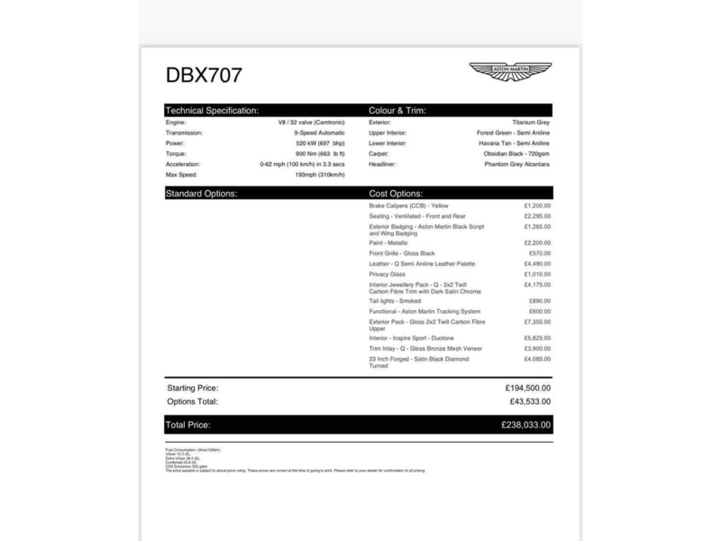 Aston Martin 4.0 V8 707 SUV 5dr Petrol Auto 4WD Euro 6 (s/s) (707 ps) SUV Automatic Petrol