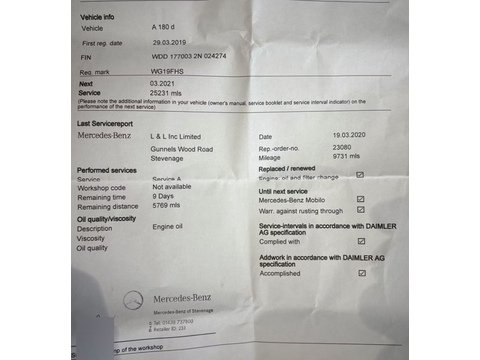 1.5 A180d Sport (Executive) Hatchback 5dr Diesel 7G-DCT Euro 6 (s/s) (116 ps)